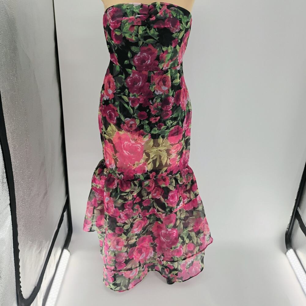 LULUS Truly Extraordinary Black Floral Organza Strapless Tiered Maxi Dress-Sz M - Picture 5 of 15